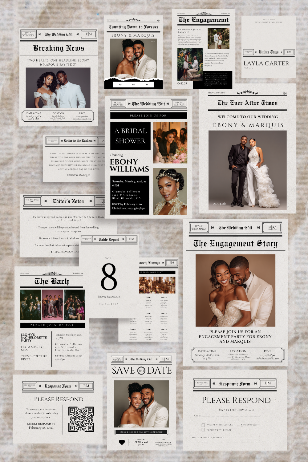 Wedding Invitation Suite Template | The Bridal Edit Volume 3 | Newspaper Wedding Stationery Set