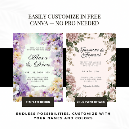 Purple Floral Wedding Invitation Template | Watercolor Pastel Canva Printable | Spring Garden Invite