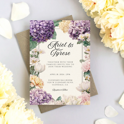 Purple & Yellow Floral Wedding Invitation Template | Printable Canva Design | Elegant Cream Invite