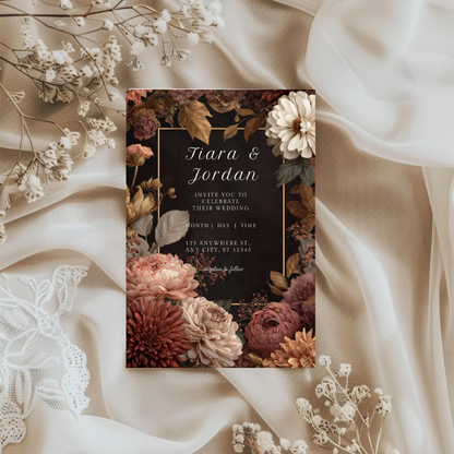 Dark Floral Wedding Invitation Template | Burgundy & Cream Printable | Elegant Canva Design