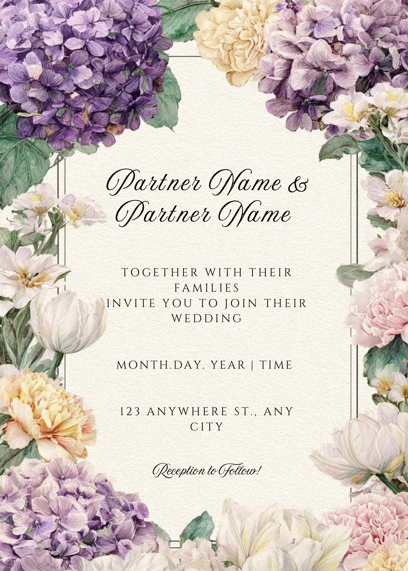 Purple & Yellow Floral Wedding Invitation Template | Printable Canva Design | Elegant Cream Invite