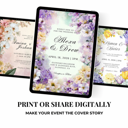 Purple Floral Wedding Invitation Template | Watercolor Pastel Canva Printable | Spring Garden Invite