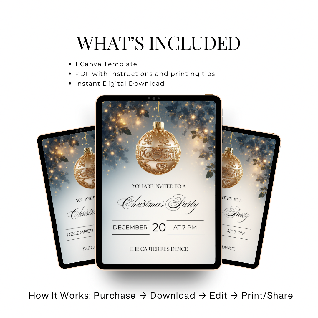 Christmas Party Invitation | Golden Ornament Canva Template