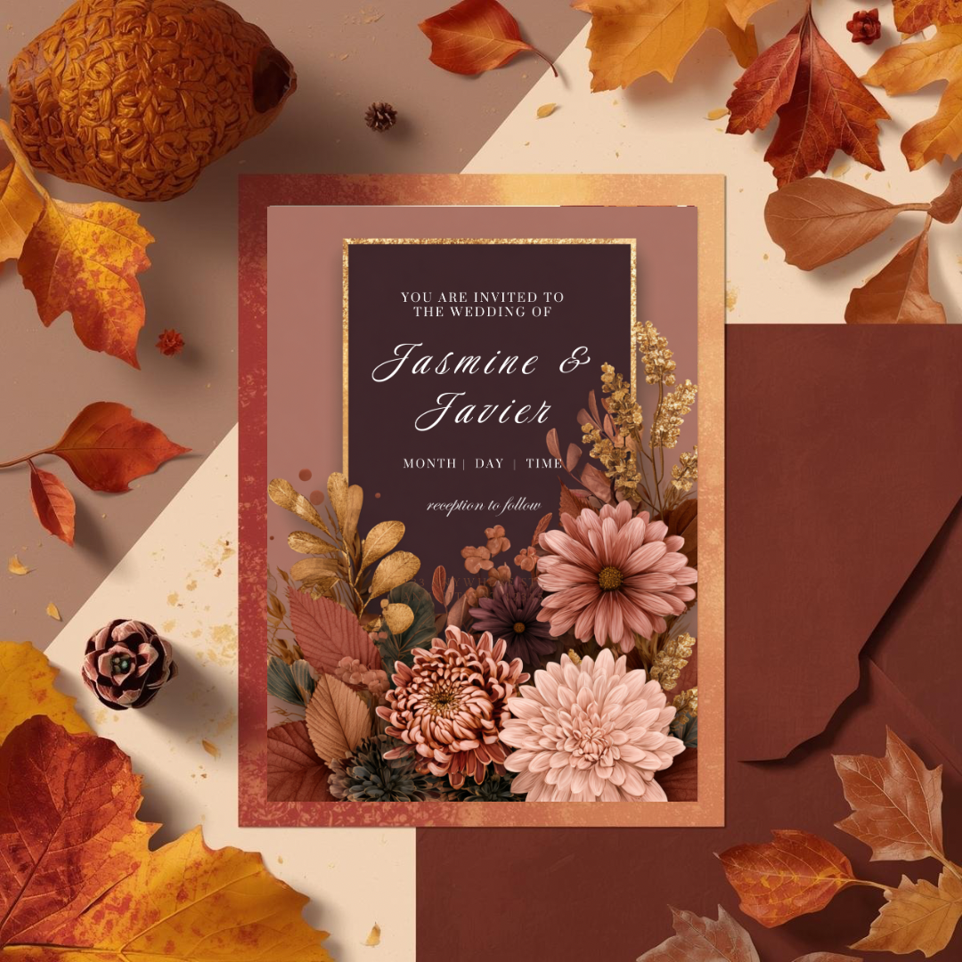 Burgundy Floral Wedding Invitation Template | Fall Printable Canva Design | Maroon Gold Invite