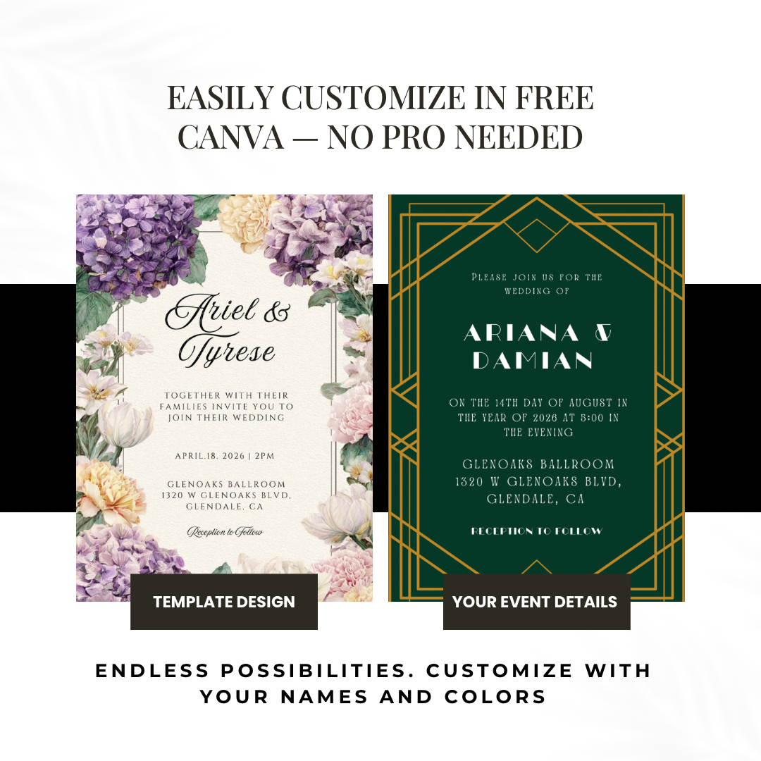 Purple & Yellow Floral Wedding Invitation Template | Printable Canva Design | Elegant Cream Invite
