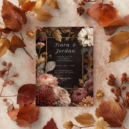Dark Floral Wedding Invitation Template | Burgundy & Cream Printable | Elegant Canva Design