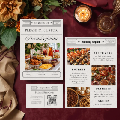 Newspaper Friendsgiving Invitation Suite | Thanksgiving Dinner Invitation Templates