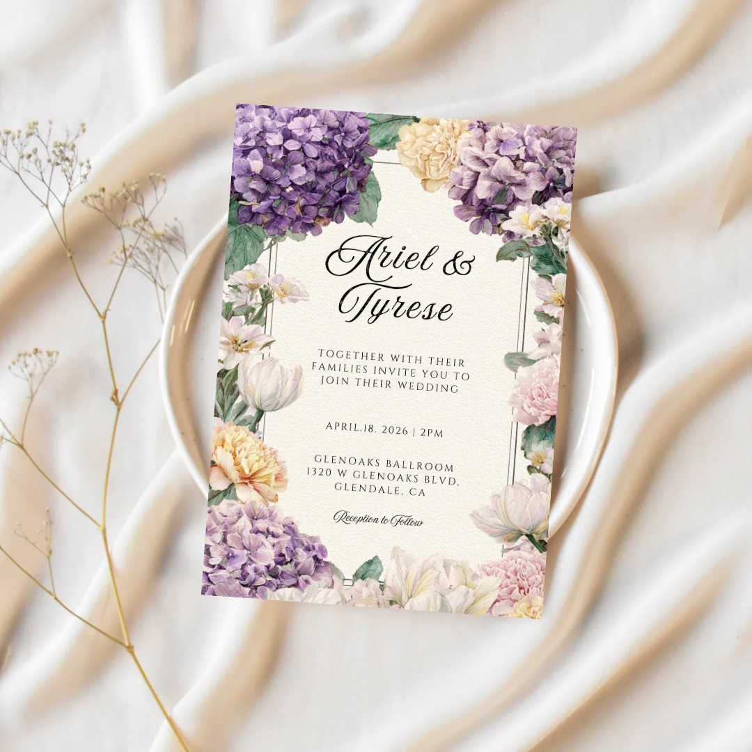 Purple & Yellow Floral Wedding Invitation Template | Printable Canva Design | Elegant Cream Invite