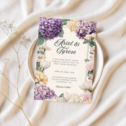 Purple & Yellow Floral Wedding Invitation Template | Printable Canva Design | Elegant Cream Invite