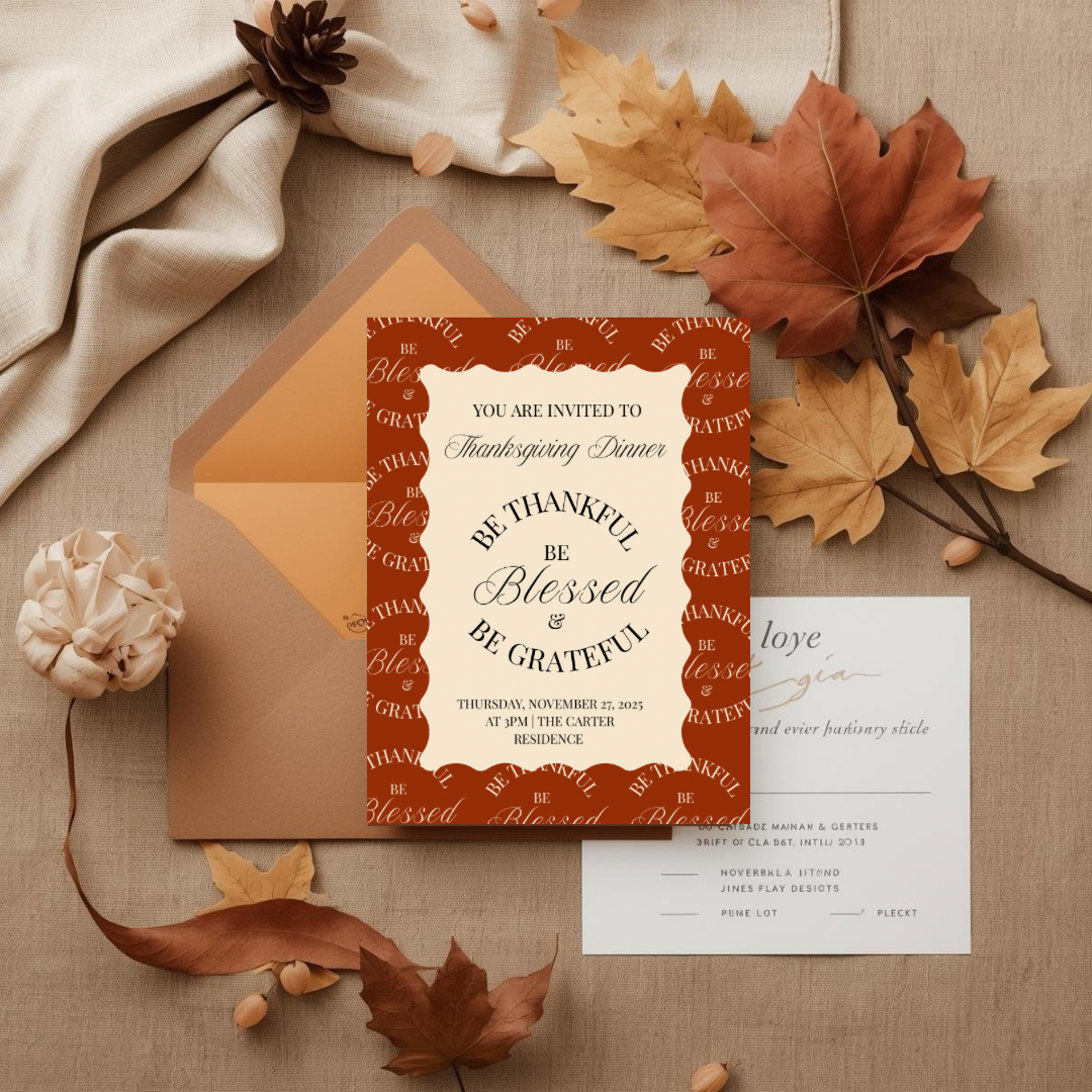 Be Thankful Blessed and Grateful Thanksgiving Invitation Template | Friendsgiving Dinner Party Invite | Fall Gathering Editable Canva Template