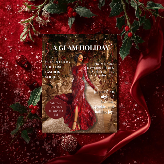 Glam Holiday Party Flyer Canva Template | Luxury Fashion Event Flyer | Red Glitter Christmas Gala Invitation | Editable Runway Show Flyer