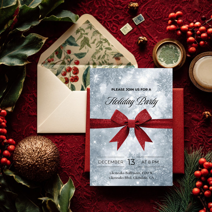 Classic Holiday Party Invitation – Red Bow & Snowflakes Canva Template