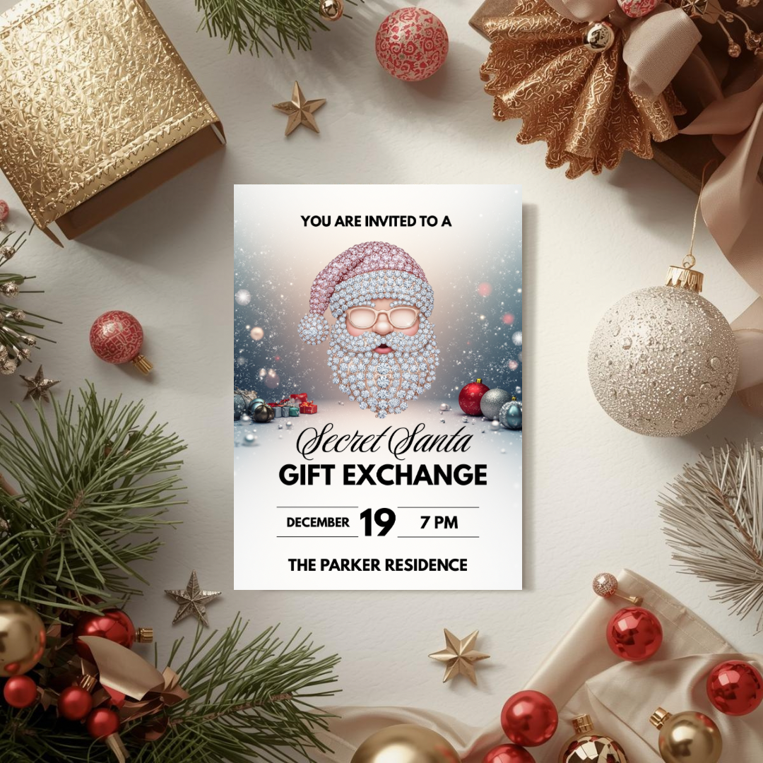 Glam Secret Santa Invitation | Pink Rhinestone Santa Holiday Party Invite | Editable Canva Template | Christmas Gift Exchange Invitation