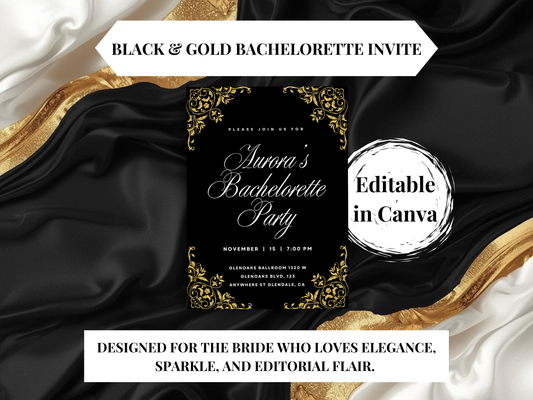 Editable Bachelorette Invitation | Black & Gold Canva Template | Glam Bachelorette Party Invite | Instant Download
