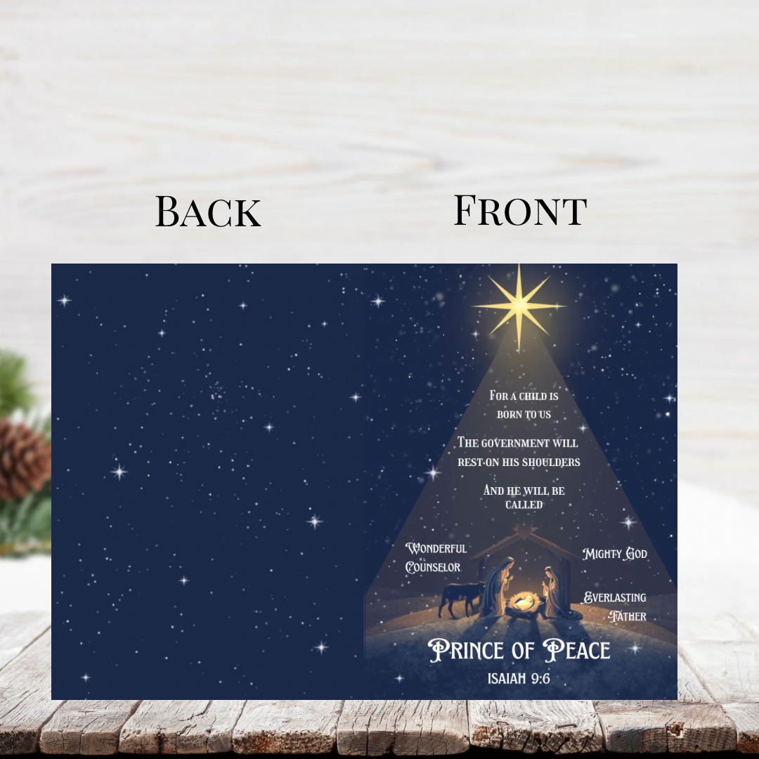 Christian Christmas Card Isaiah 9:6 | Blue & Gold Scripture Christmas Card | Editable Canva Template | Printable Religious Holiday Card