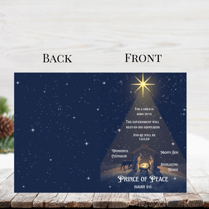 Christian Christmas Card Isaiah 9:6 | Blue & Gold Scripture Christmas Card | Editable Canva Template | Printable Religious Holiday Card