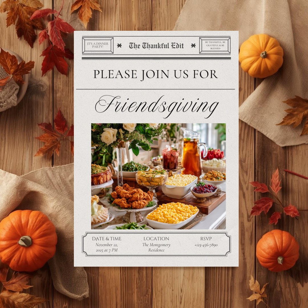 Newspaper Friendsgiving Invitation Suite | Thanksgiving Dinner Invitation Templates