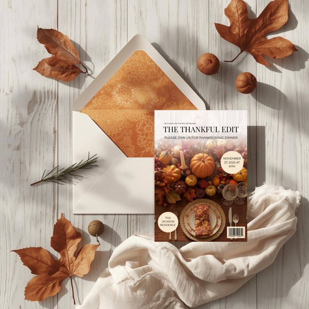 The Thankful Edit | Magazine Style Thanksgiving Invitation Template