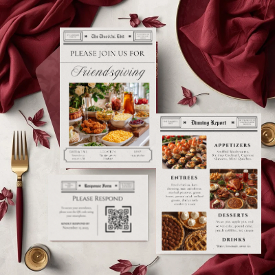Newspaper Friendsgiving Invitation Suite | Thanksgiving Dinner Invitation Templates