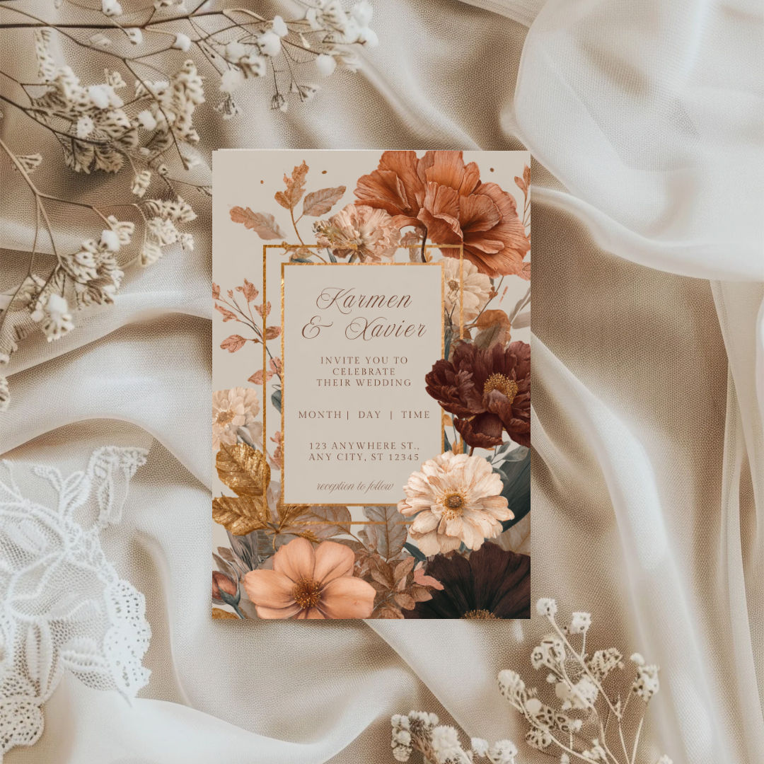 Autumn Floral Wedding Invitation Template | Rust & Cream Printable | Elegant Canva Design