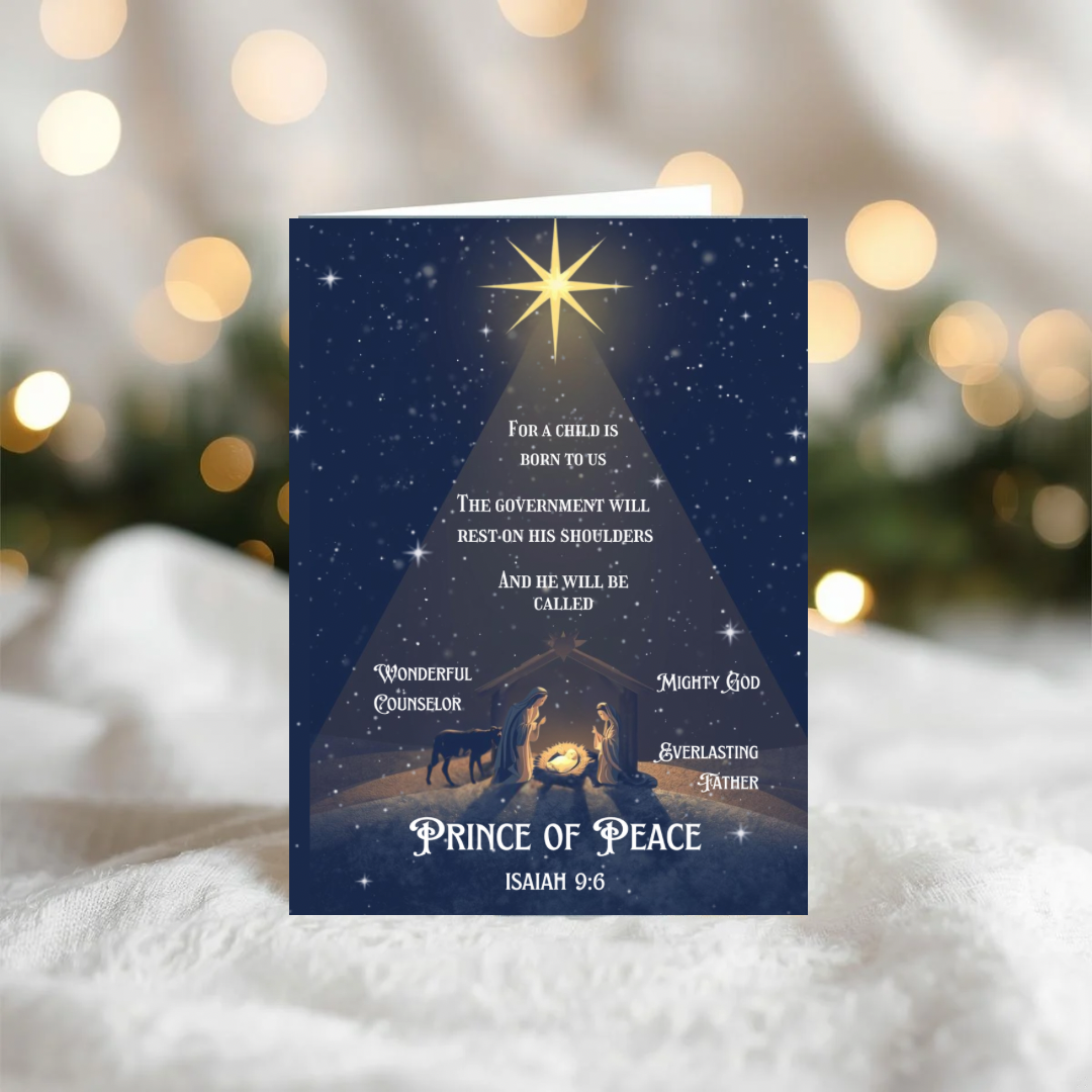 Christian Christmas Card Isaiah 9:6 | Blue & Gold Scripture Christmas Card | Editable Canva Template | Printable Religious Holiday Card