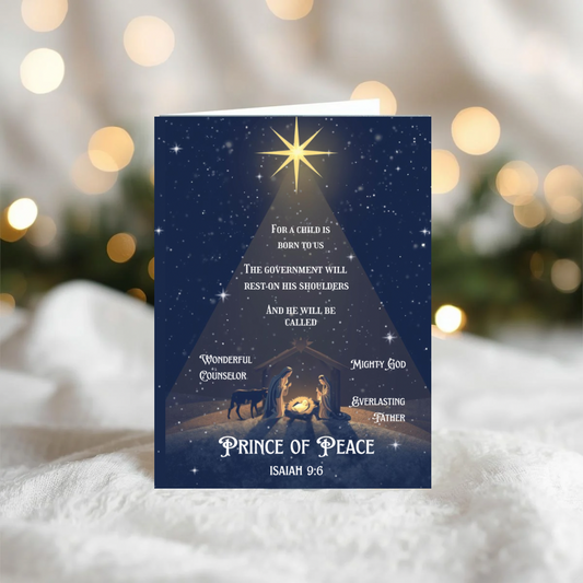 Christian Christmas Card Isaiah 9:6 | Blue & Gold Scripture Christmas Card | Editable Canva Template | Printable Religious Holiday Card