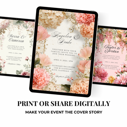 Cream Floral Wedding Invitation Template | Pink Carnation Printable | Elegant Canva Design