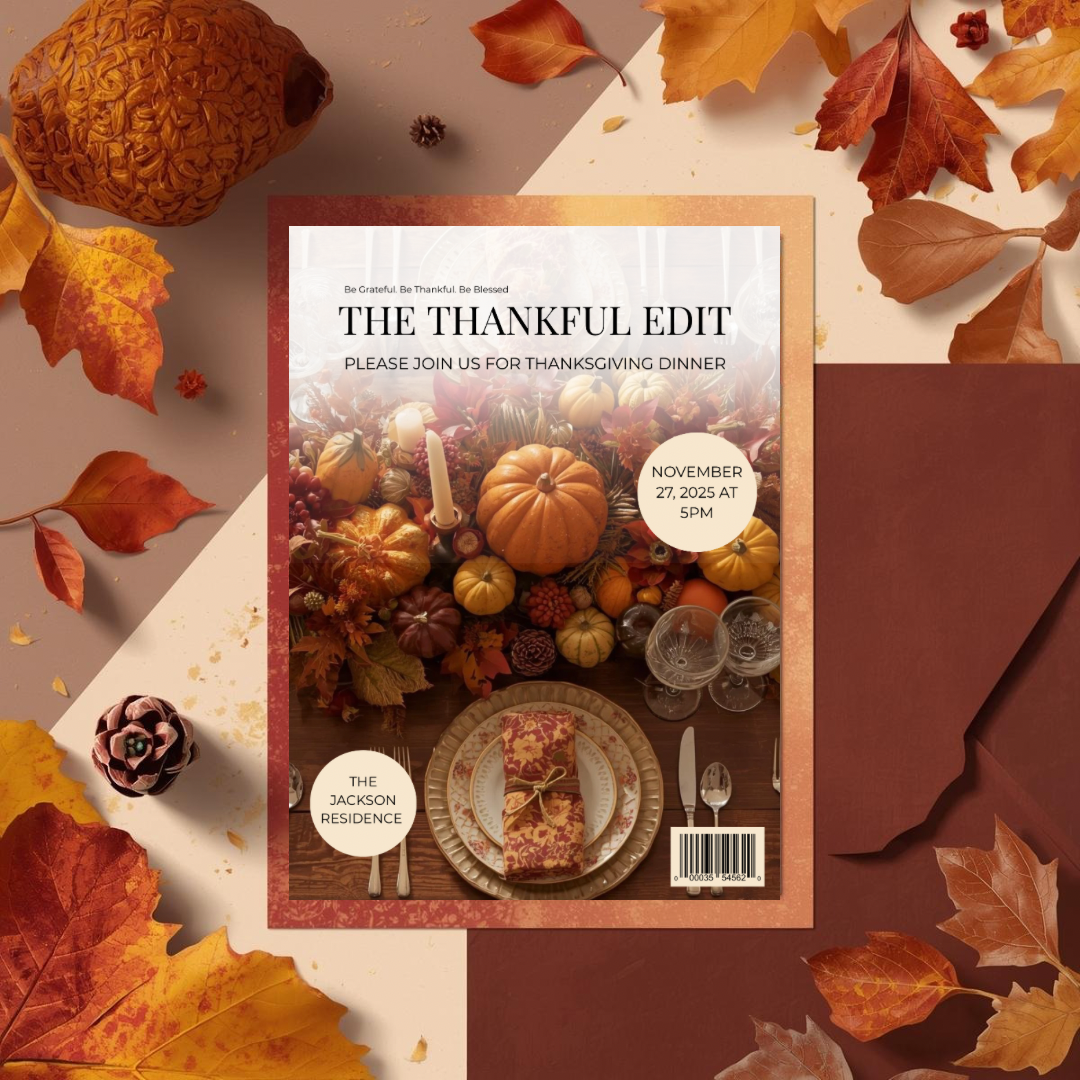 The Thankful Edit | Magazine Style Thanksgiving Invitation Template