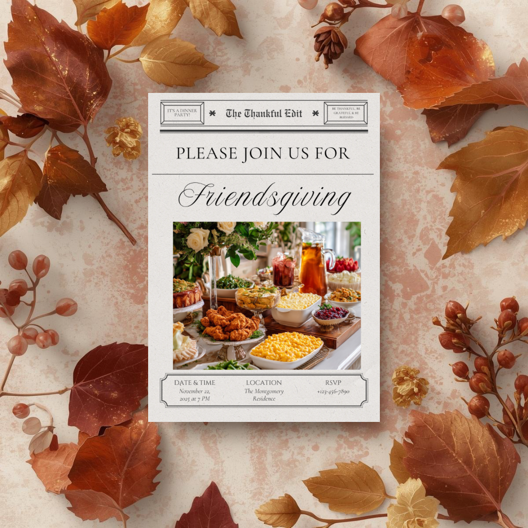 Newspaper Friendsgiving Invitation Suite | Thanksgiving Dinner Invitation Templates
