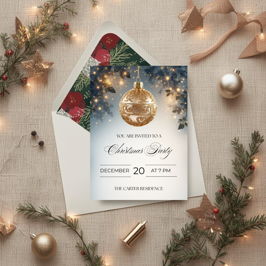 Christmas Party Invitation | Golden Ornament Canva Template