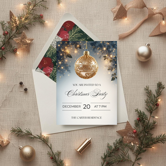 Christmas Party Invitation | Golden Ornament Canva Template