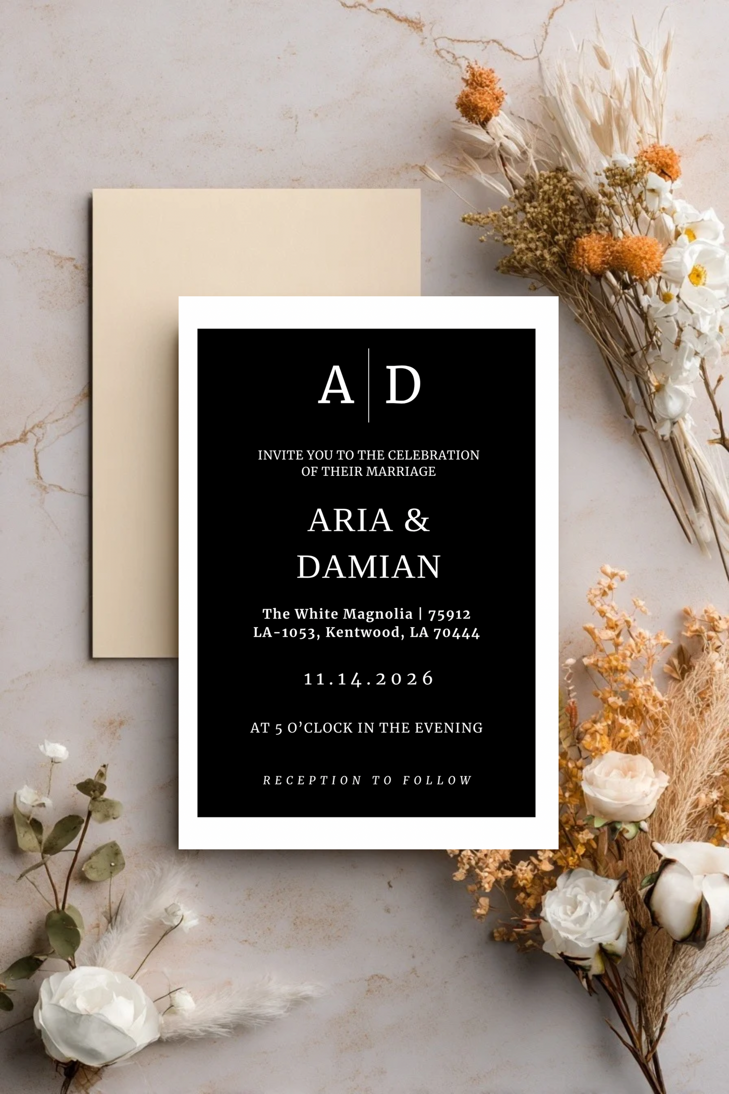 Classic Black & White Wedding Invitation Suite + Bridal Style Guide | Editable Canva Templates
