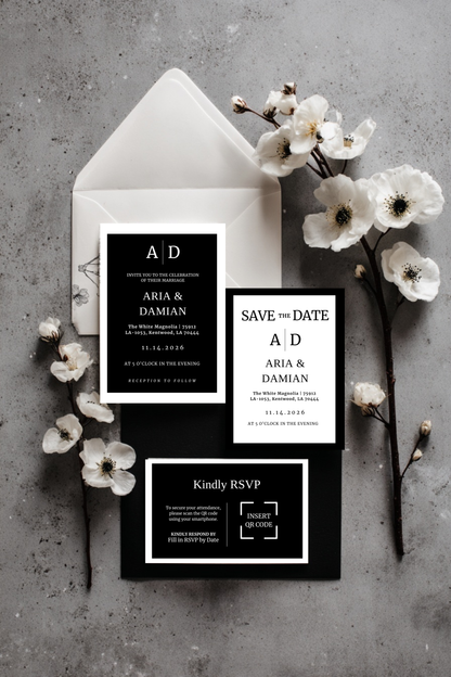 Classic Black & White Wedding Invitation Suite + Bridal Style Guide | Editable Canva Templates