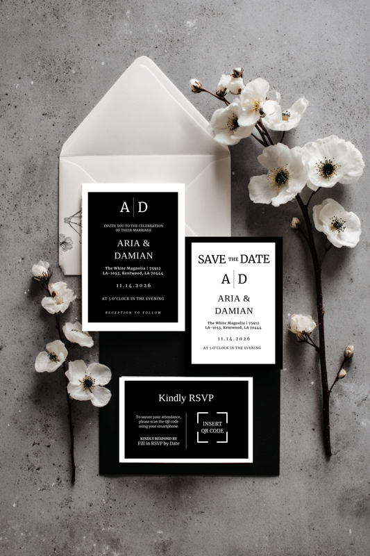 Classic Black & White Wedding Invitation Suite + Bridal Style Guide | Editable Canva Templates
