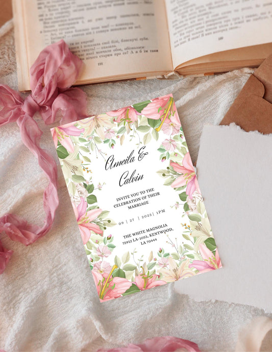 Garden Wedding Invitation Template | Blush & Greenery Canva Invite