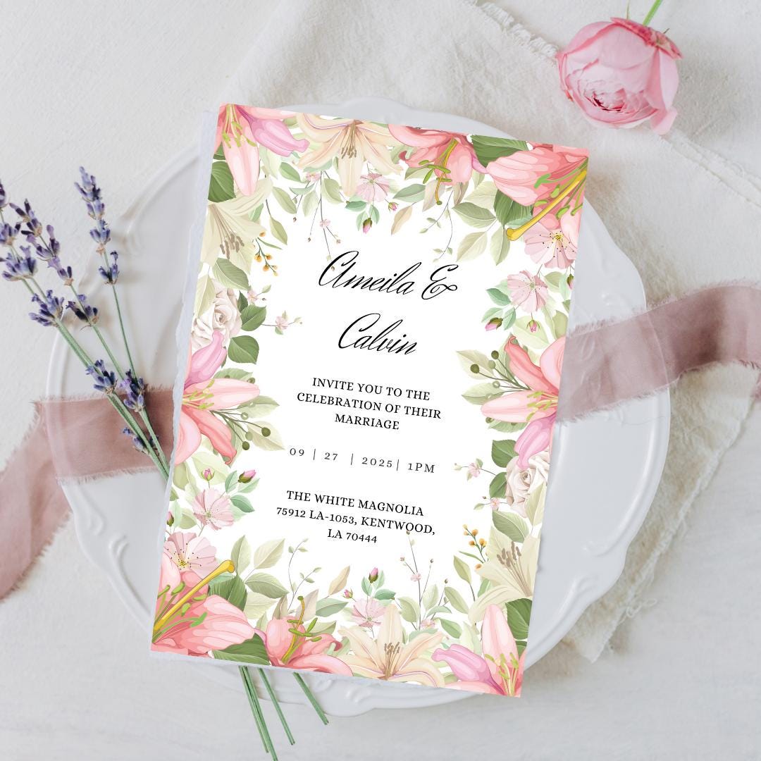 Garden Wedding Invitation Template | Blush & Greenery Canva Invite