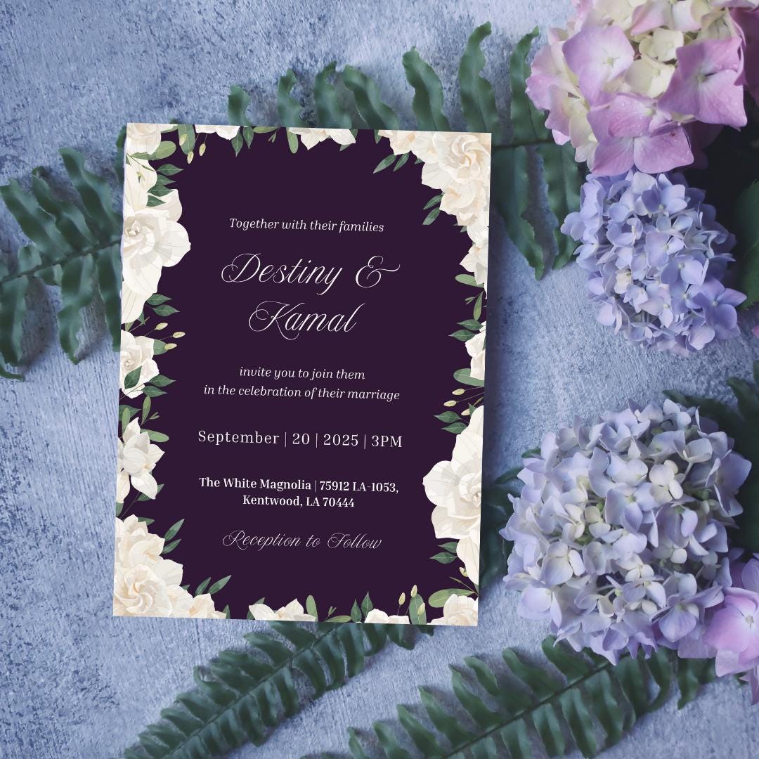 Elegant White Floral Wedding Invitation Template | Plum  & Ivory Digital Invite | Editable Canva Template