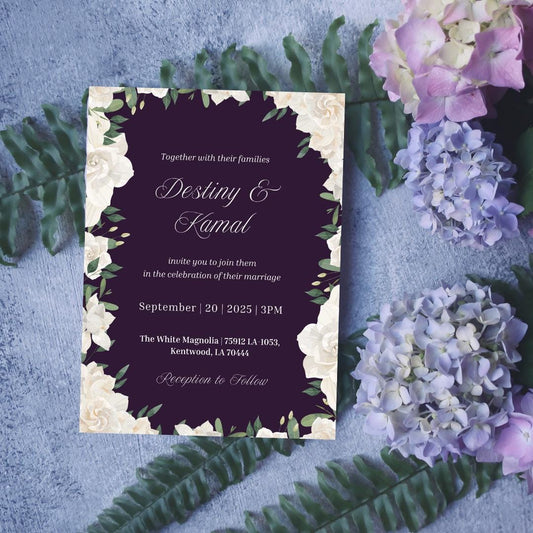 Elegant White Floral Wedding Invitation Template | Plum  & Ivory Digital Invite | Editable Canva Template