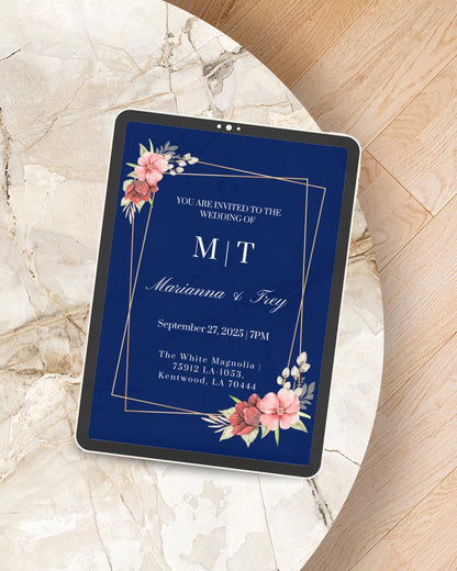 Navy Blue Floral Wedding Invitation Template | Blush & Gold Geometric Canva Invite