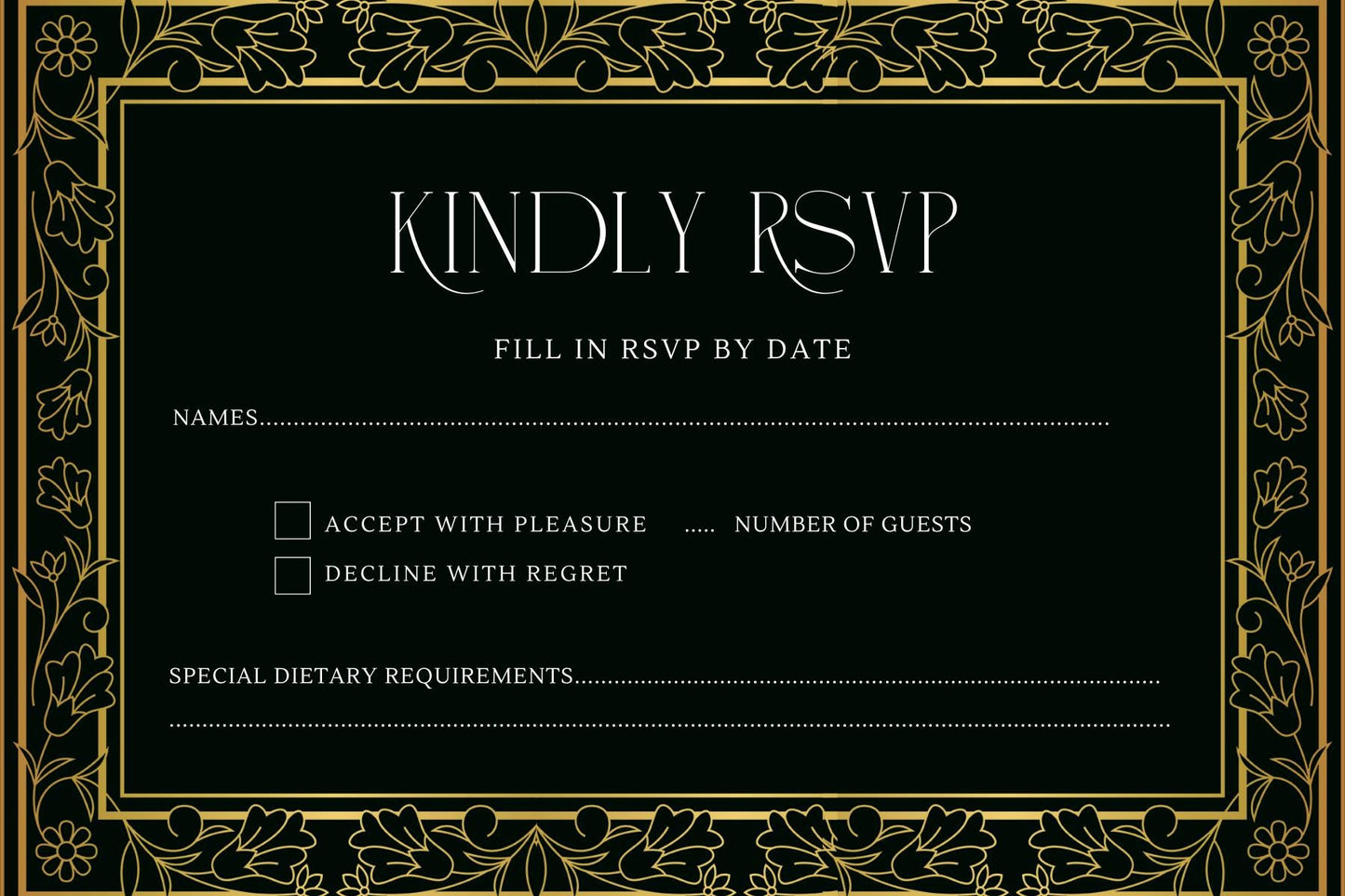 Black & Gold Wedding Invitation and RSVP Cards Template | Luxe Formal Canva Invite