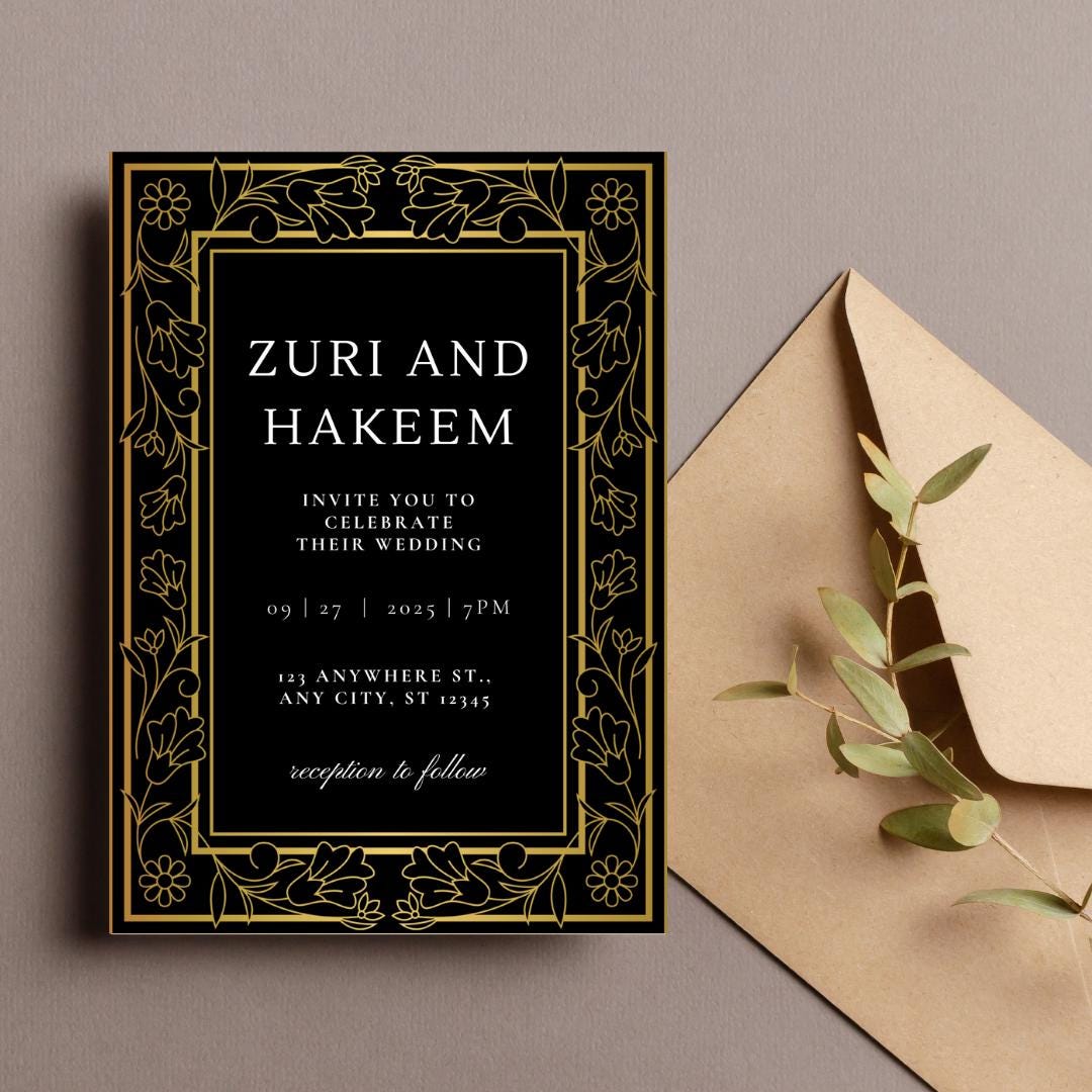 Black & Gold Wedding Invitation and RSVP Cards Template | Luxe Formal Canva Invite