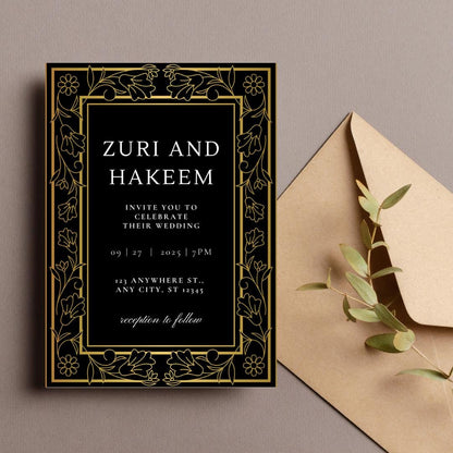 Black & Gold Wedding Invitation and RSVP Cards Template | Luxe Formal Canva Invite