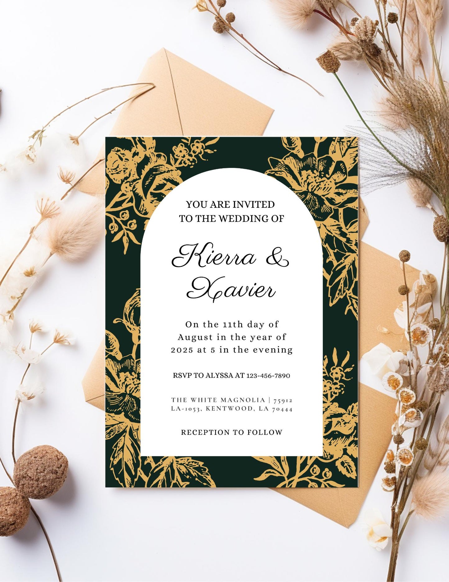 Emerald and Gold Floral Wedding Invitation and RSVP Cards Template