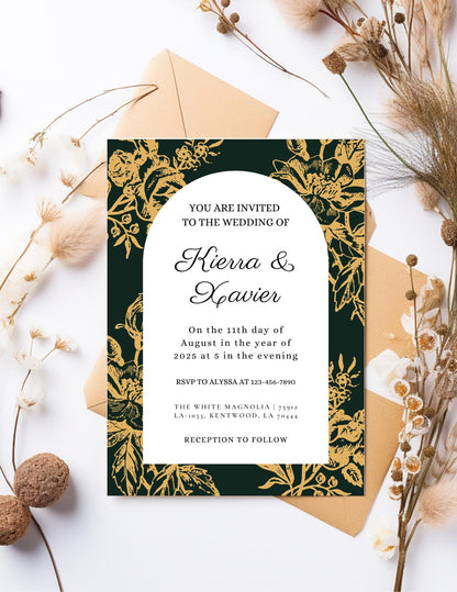 Emerald and Gold Floral Wedding Invitation and RSVP Cards Template