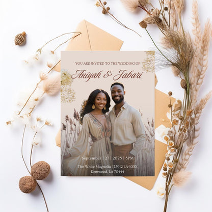 Boho Wedding Invitation Template | Neutral Field Canva Photo Design