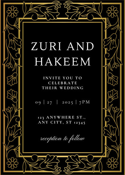 Black & Gold Wedding Invitation and RSVP Cards Template | Luxe Formal Canva Invite