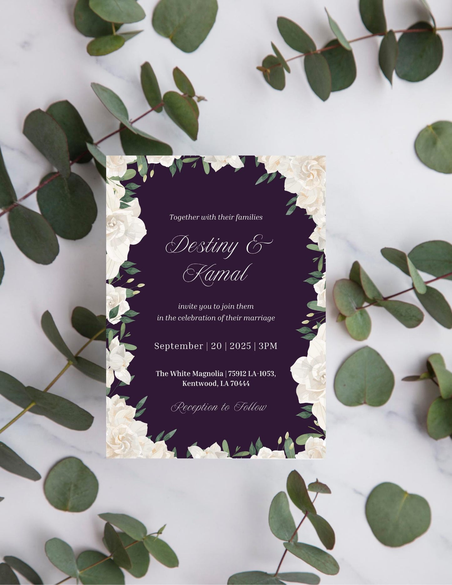 Elegant White Floral Wedding Invitation Template | Plum  & Ivory Digital Invite | Editable Canva Template