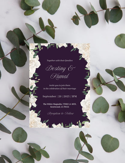 Elegant White Floral Wedding Invitation Template | Plum  & Ivory Digital Invite | Editable Canva Template