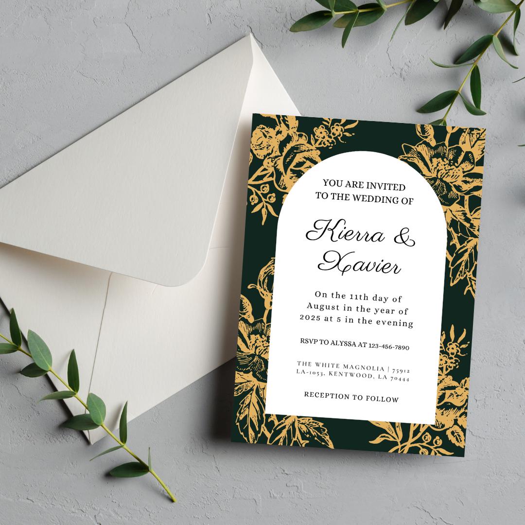 Emerald and Gold Floral Wedding Invitation and RSVP Cards Template