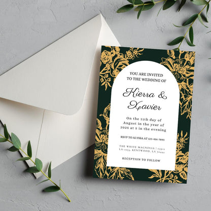 Emerald and Gold Floral Wedding Invitation and RSVP Cards Template